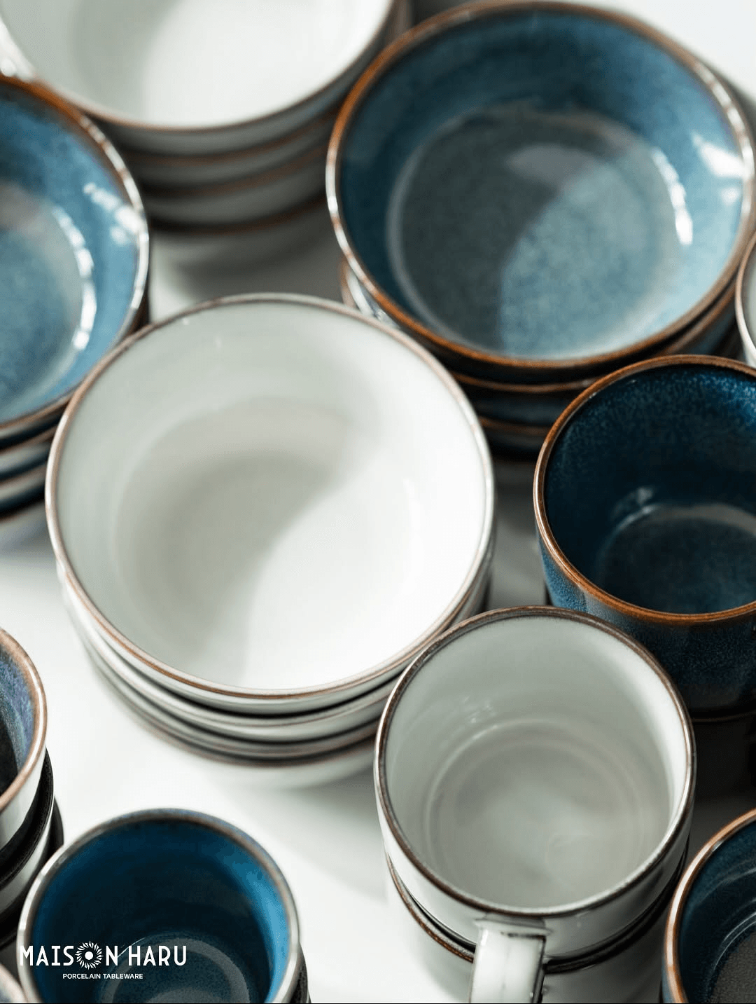 Blue and white ceramic bowls and cups
